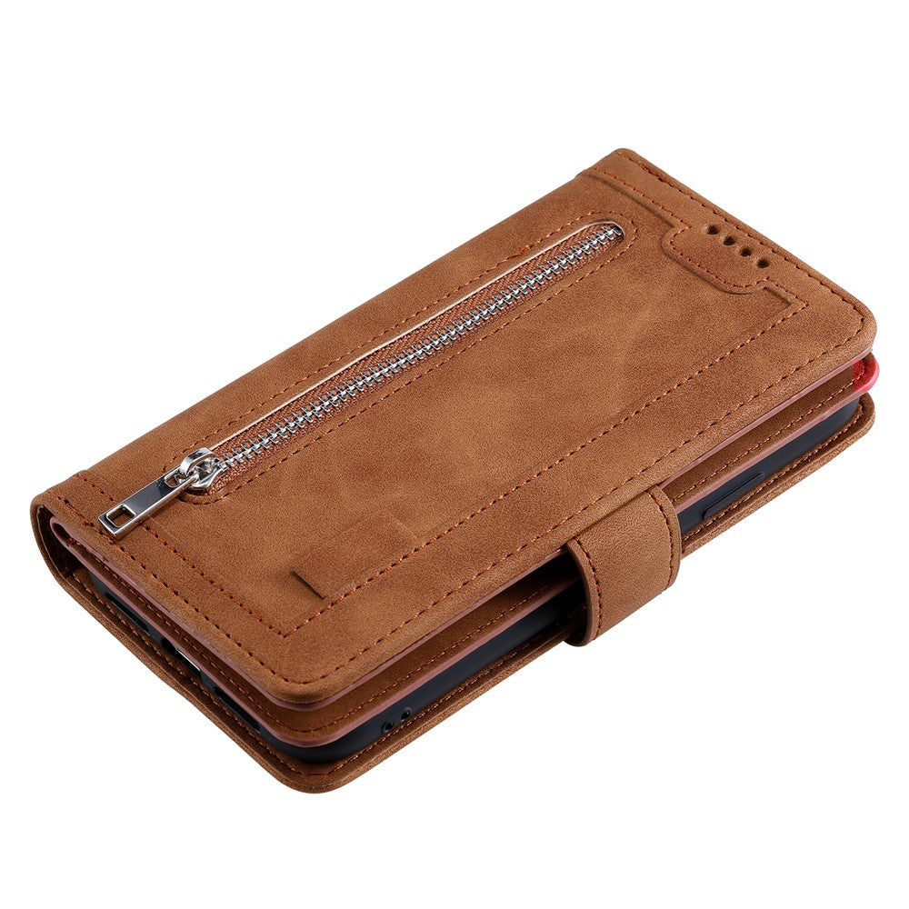 For Motorola Edge 70 5G Case 9 Card Slots Zipper Wallet PU Leather Phone Cover with Wrist Strap - Brown