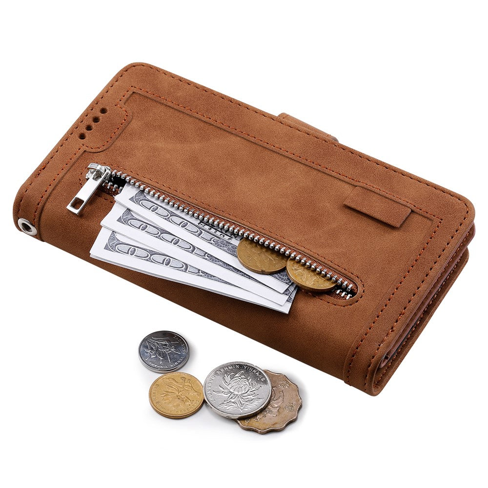 For Motorola Edge 70 5G Case 9 Card Slots Zipper Wallet PU Leather Phone Cover with Wrist Strap - Brown