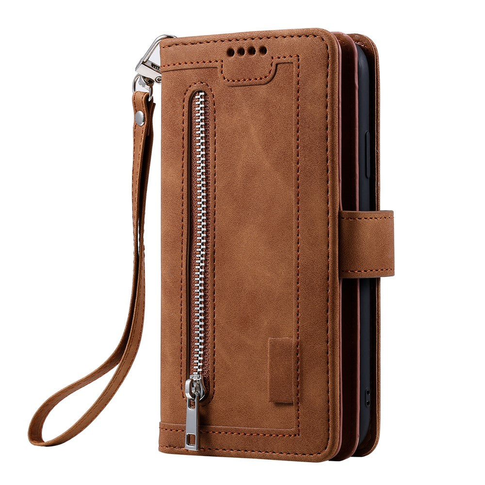 For Motorola Edge 70 5G Case 9 Card Slots Zipper Wallet PU Leather Phone Cover with Wrist Strap - Brown