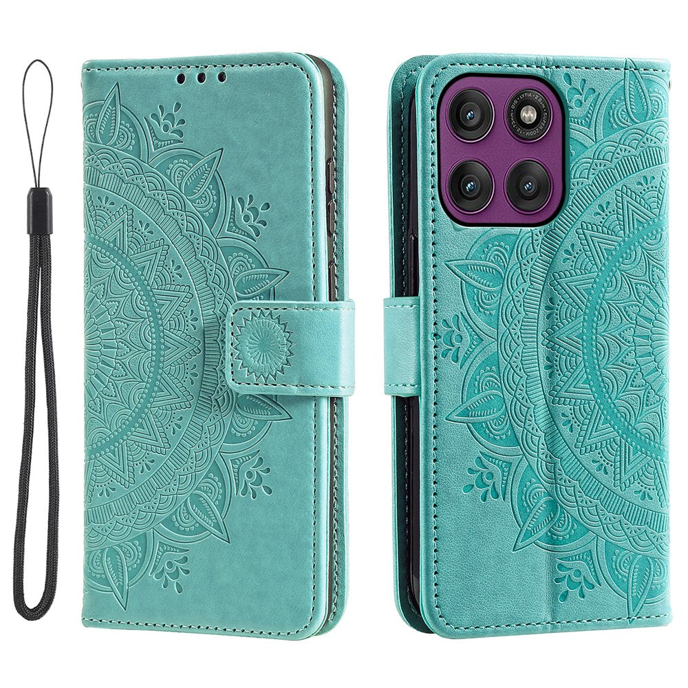 For Motorola Edge 70 5G Stand Case Imprinted Totem PU Leather Wallet Phone Cover with Wrist Strap - Mint Green