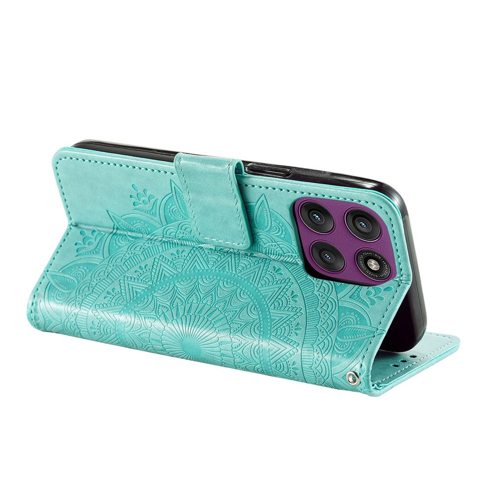 For Motorola Edge 70 5G Stand Case Imprinted Totem PU Leather Wallet Phone Cover with Wrist Strap - Mint Green
