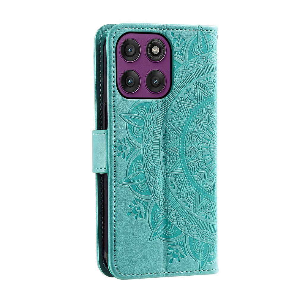 For Motorola Edge 70 5G Stand Case Imprinted Totem PU Leather Wallet Phone Cover with Wrist Strap - Mint Green