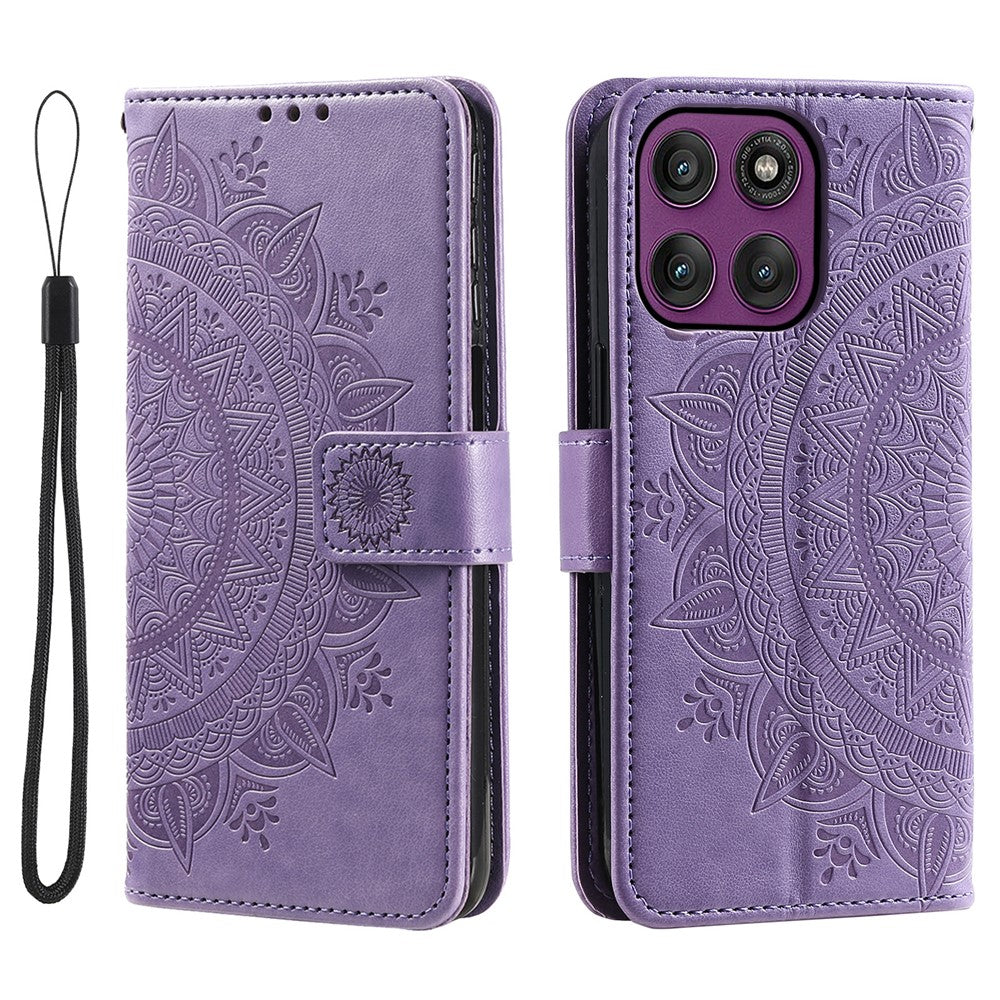 For Motorola Edge 70 5G Stand Case Imprinted Totem PU Leather Wallet Phone Cover with Wrist Strap - Purple
