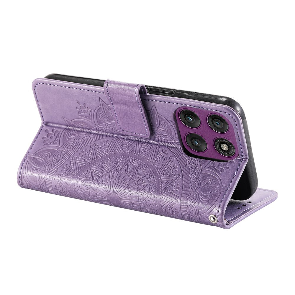 For Motorola Edge 70 5G Stand Case Imprinted Totem PU Leather Wallet Phone Cover with Wrist Strap - Purple