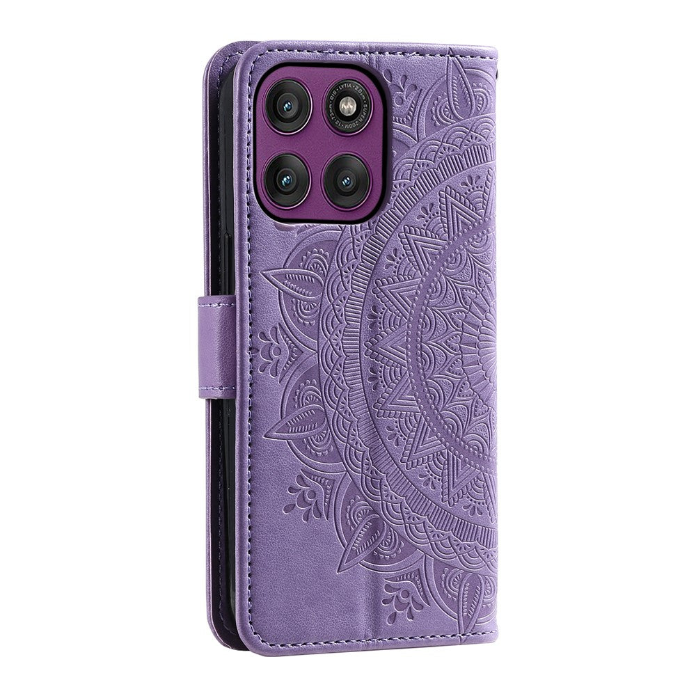 For Motorola Edge 70 5G Stand Case Imprinted Totem PU Leather Wallet Phone Cover with Wrist Strap - Purple