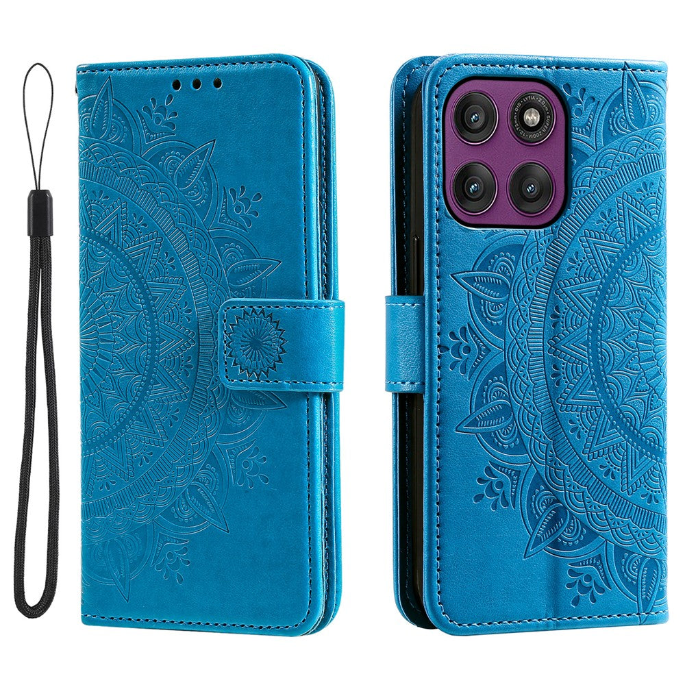 For Motorola Edge 70 5G Stand Case Imprinted Totem PU Leather Wallet Phone Cover with Wrist Strap - Blue