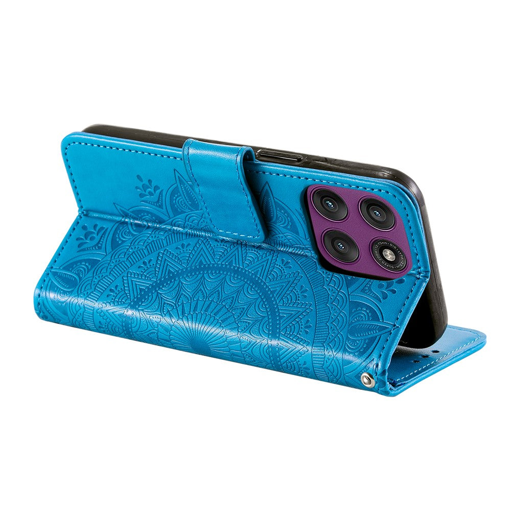 For Motorola Edge 70 5G Stand Case Imprinted Totem PU Leather Wallet Phone Cover with Wrist Strap - Blue