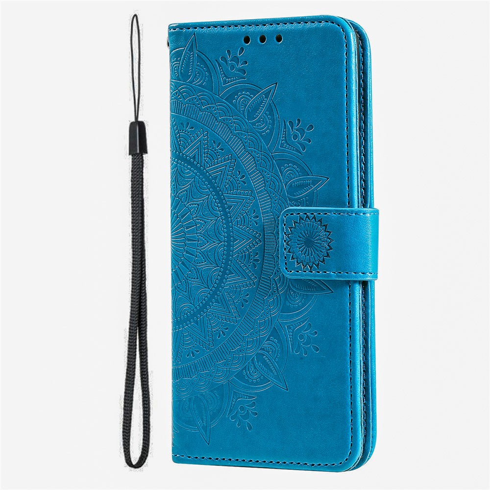 For Motorola Edge 70 5G Stand Case Imprinted Totem PU Leather Wallet Phone Cover with Wrist Strap - Blue