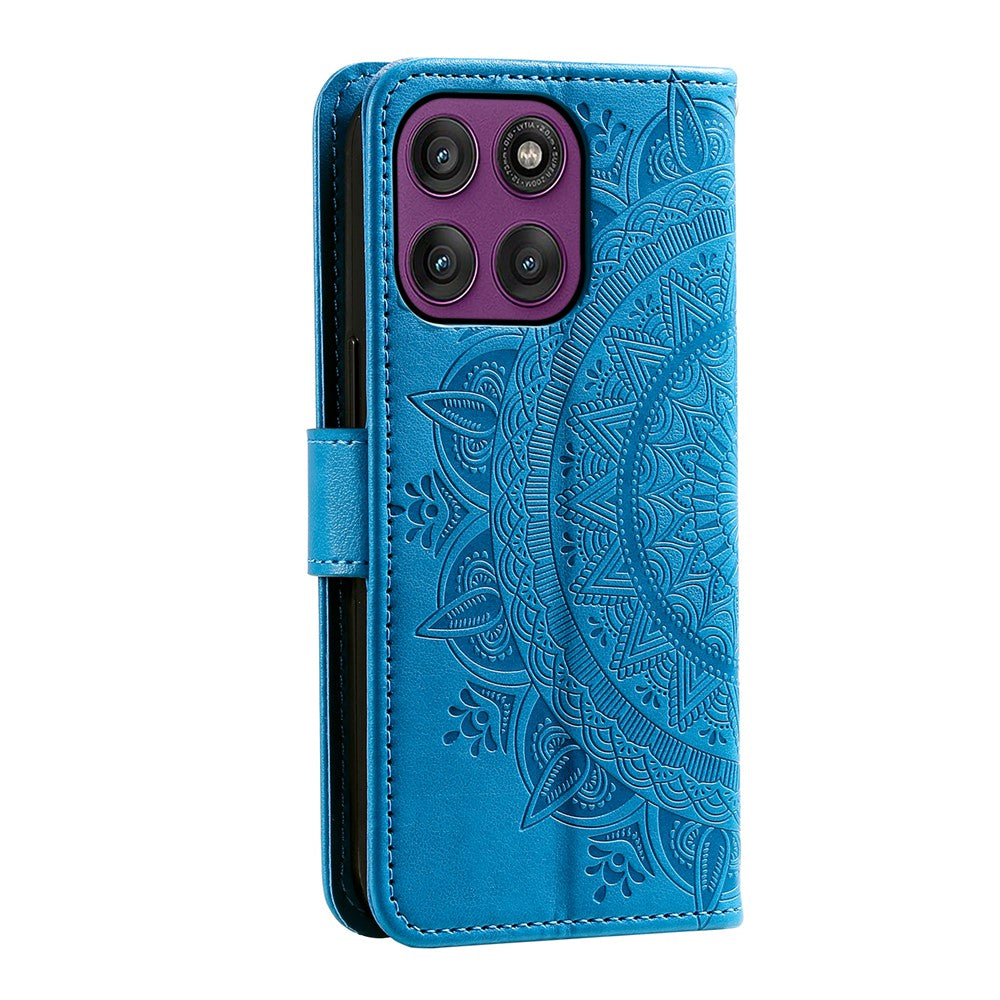 For Motorola Edge 70 5G Stand Case Imprinted Totem PU Leather Wallet Phone Cover with Wrist Strap - Blue