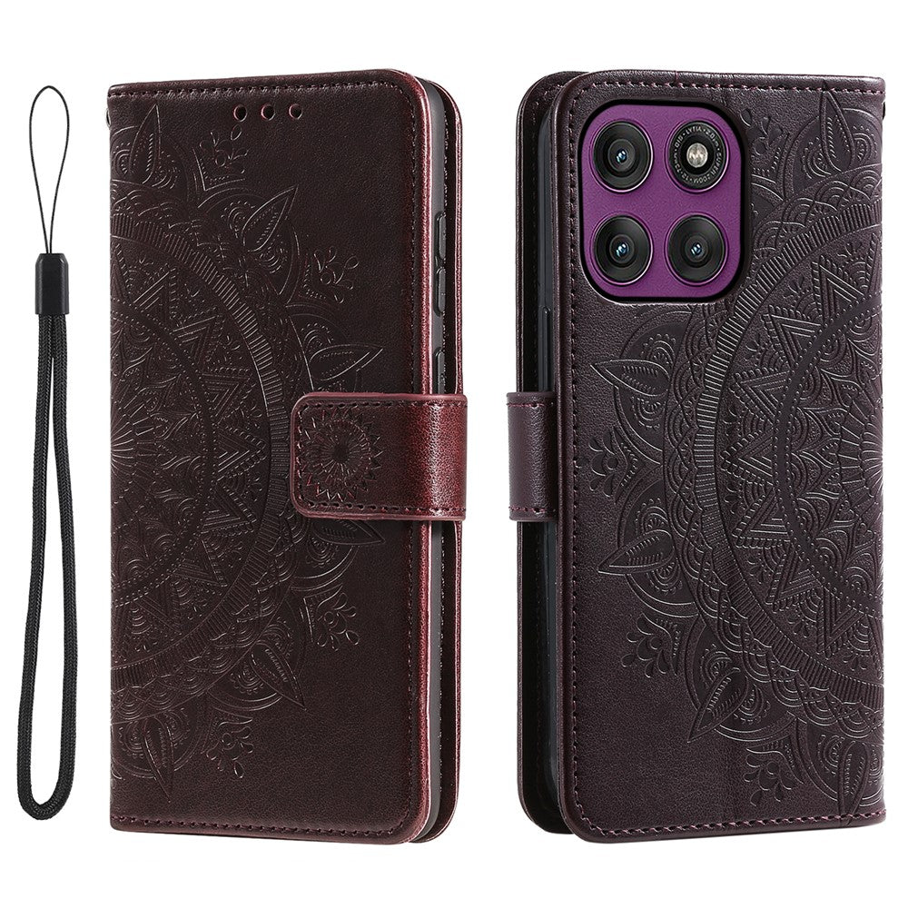 For Motorola Edge 70 5G Stand Case Imprinted Totem PU Leather Wallet Phone Cover with Wrist Strap - Brown