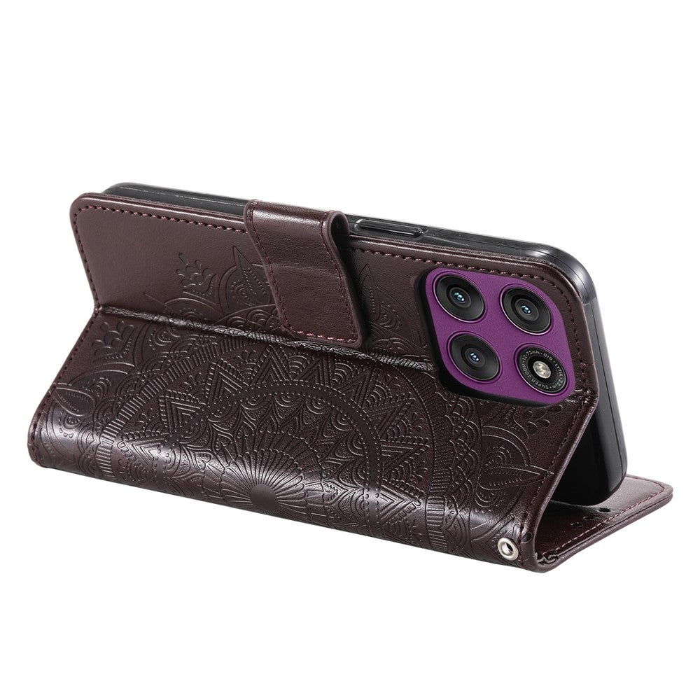 For Motorola Edge 70 5G Stand Case Imprinted Totem PU Leather Wallet Phone Cover with Wrist Strap - Brown
