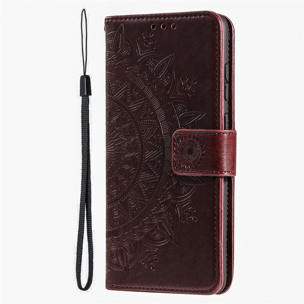 For Motorola Edge 70 5G Stand Case Imprinted Totem PU Leather Wallet Phone Cover with Wrist Strap - Brown