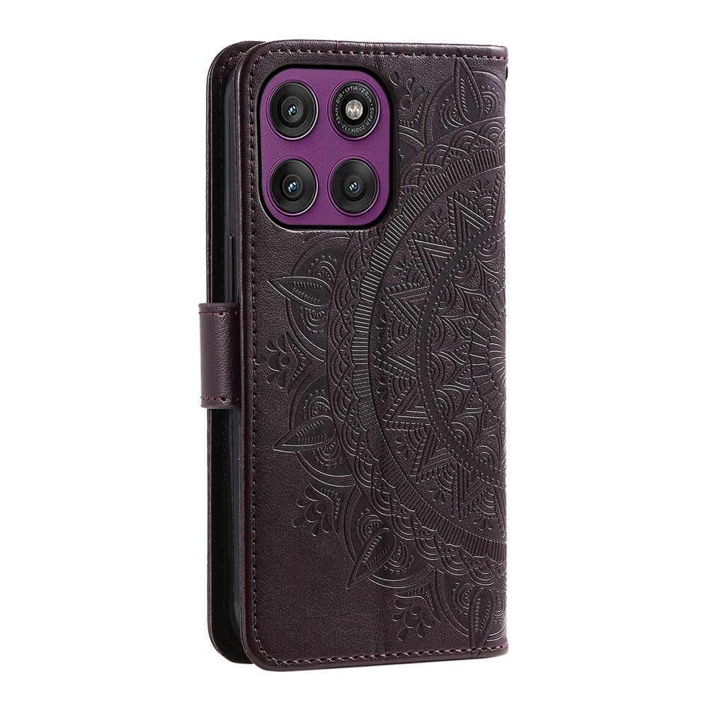 For Motorola Edge 70 5G Stand Case Imprinted Totem PU Leather Wallet Phone Cover with Wrist Strap - Brown
