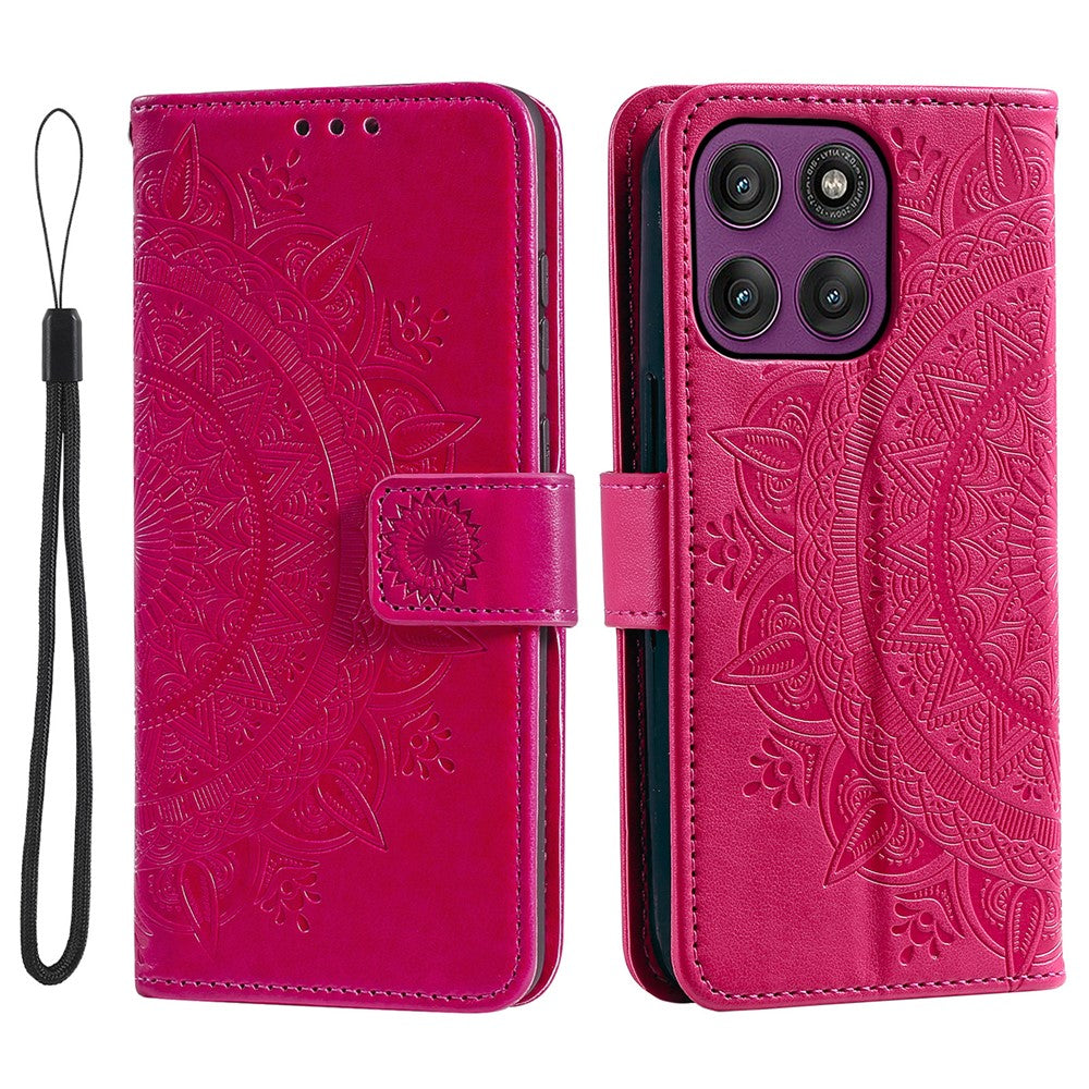 For Motorola Edge 70 5G Stand Case Imprinted Totem PU Leather Wallet Phone Cover with Wrist Strap - Rose