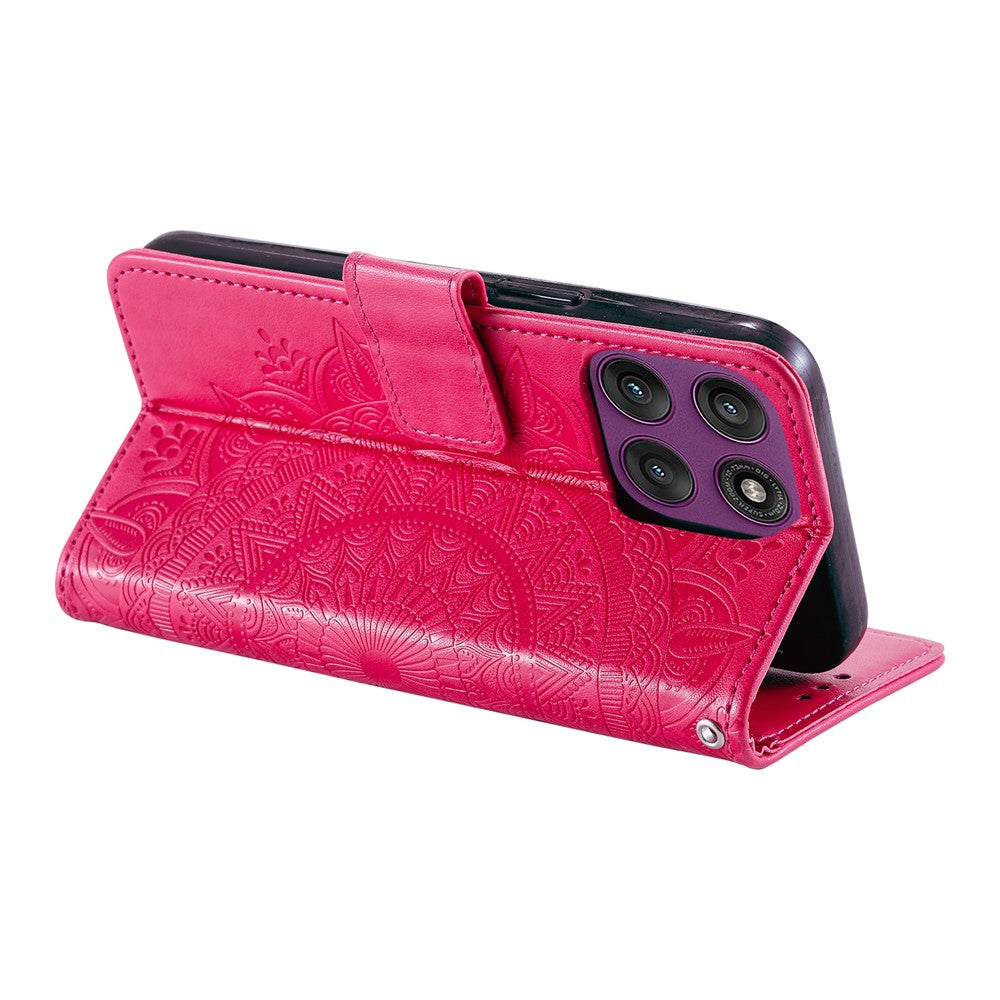 For Motorola Edge 70 5G Stand Case Imprinted Totem PU Leather Wallet Phone Cover with Wrist Strap - Rose