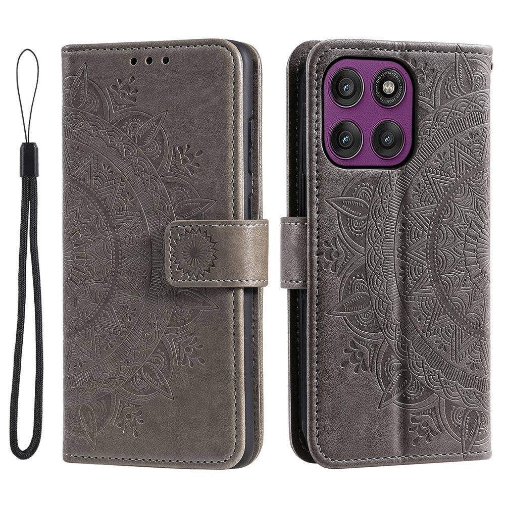 For Motorola Edge 70 5G Stand Case Imprinted Totem PU Leather Wallet Phone Cover with Wrist Strap - Grey