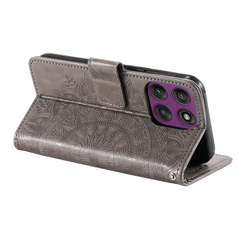 For Motorola Edge 70 5G Stand Case Imprinted Totem PU Leather Wallet Phone Cover with Wrist Strap - Grey
