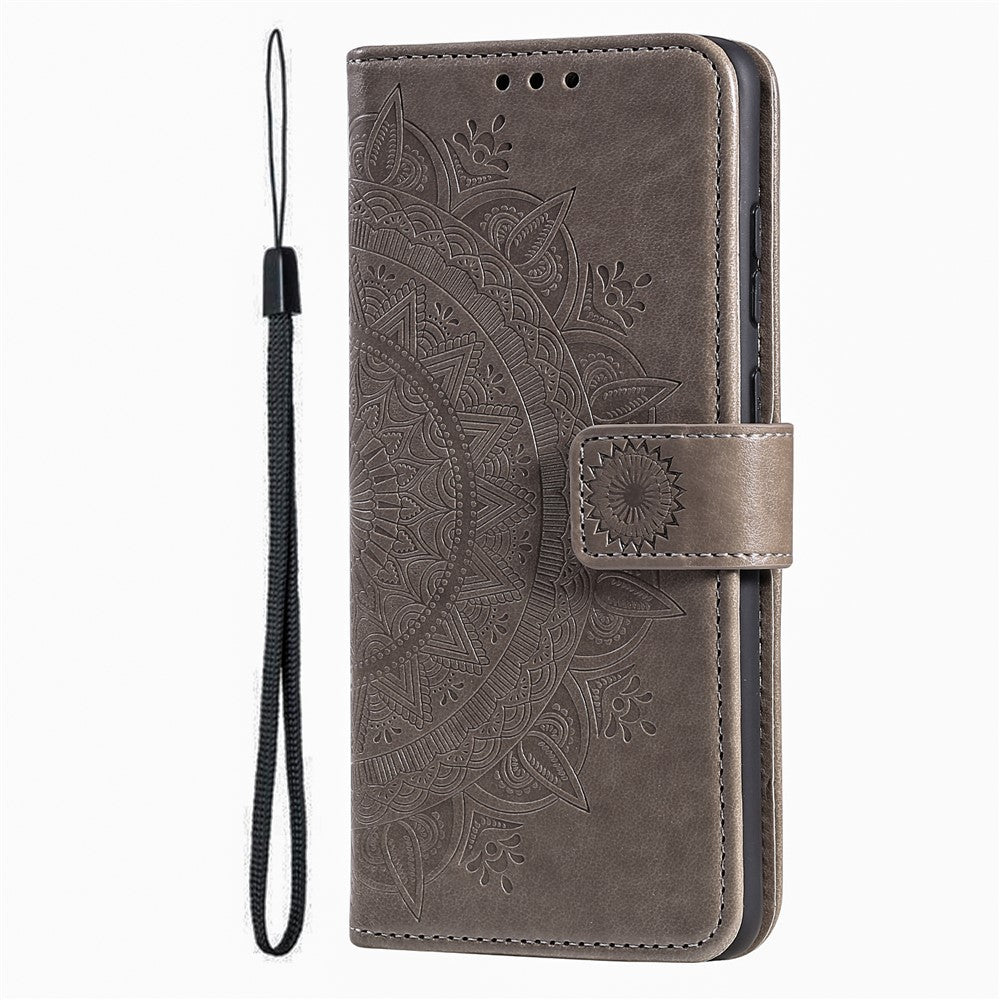 For Motorola Edge 70 5G Stand Case Imprinted Totem PU Leather Wallet Phone Cover with Wrist Strap - Grey