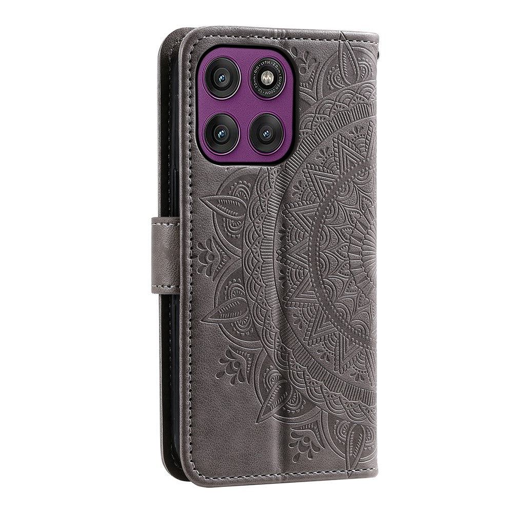 For Motorola Edge 70 5G Stand Case Imprinted Totem PU Leather Wallet Phone Cover with Wrist Strap - Grey