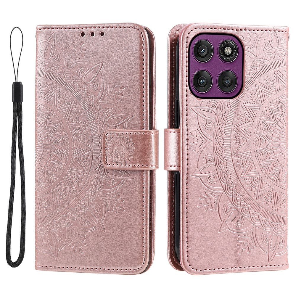 For Motorola Edge 70 5G Stand Case Imprinted Totem PU Leather Wallet Phone Cover with Wrist Strap - Rose Gold