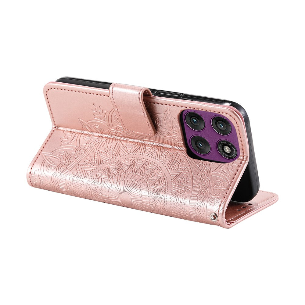 For Motorola Edge 70 5G Stand Case Imprinted Totem PU Leather Wallet Phone Cover with Wrist Strap - Rose Gold