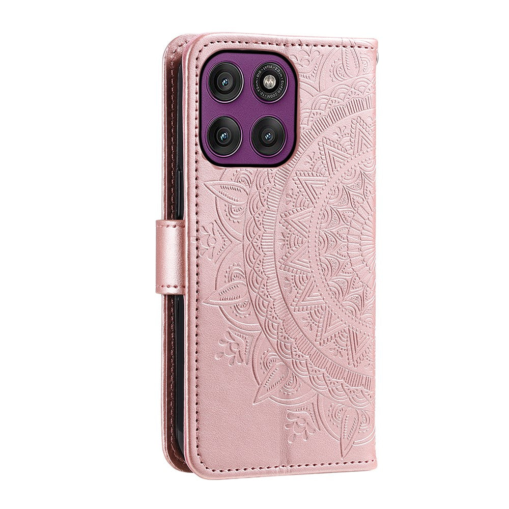 For Motorola Edge 70 5G Stand Case Imprinted Totem PU Leather Wallet Phone Cover with Wrist Strap - Rose Gold