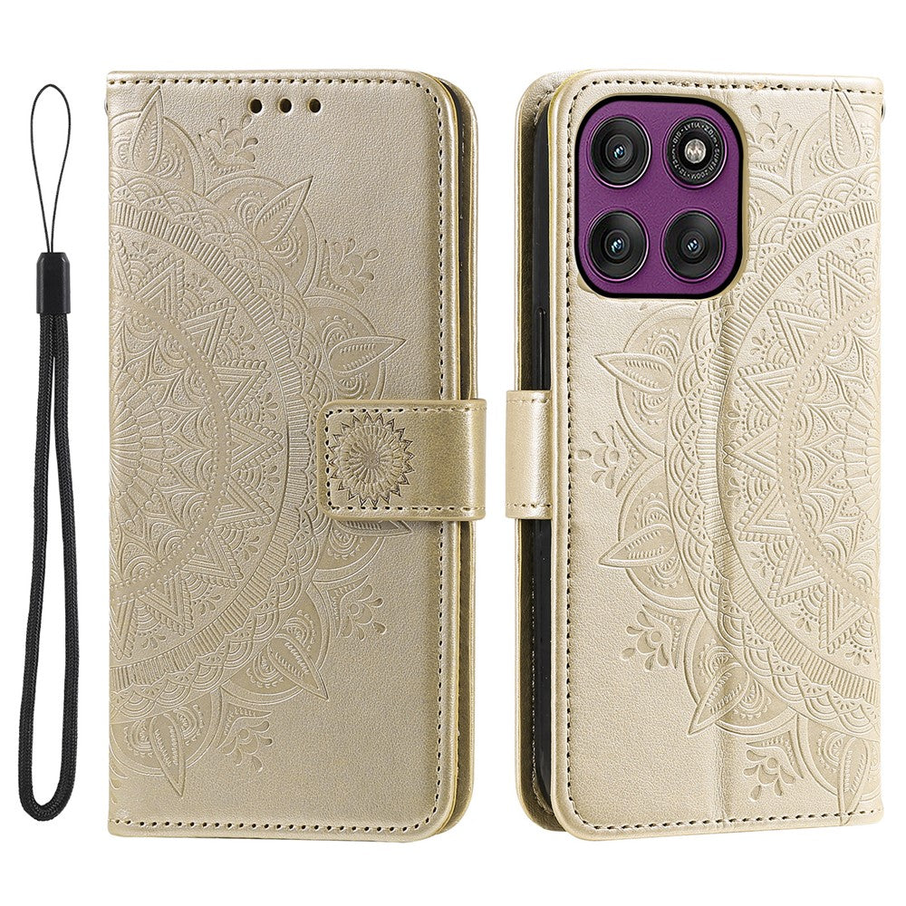 For Motorola Edge 70 5G Stand Case Imprinted Totem PU Leather Wallet Phone Cover with Wrist Strap - Gold