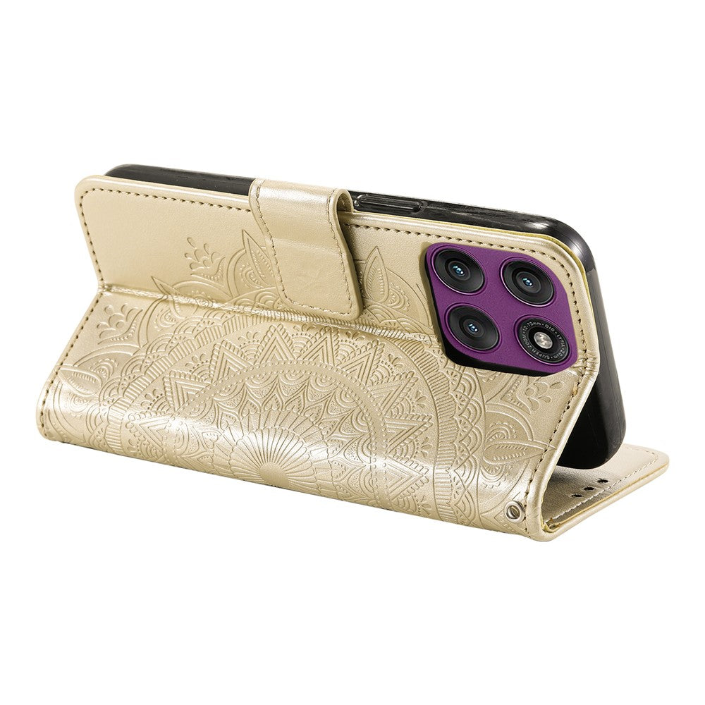 For Motorola Edge 70 5G Stand Case Imprinted Totem PU Leather Wallet Phone Cover with Wrist Strap - Gold