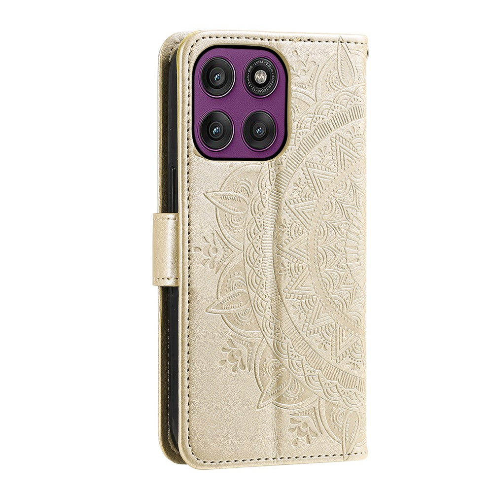 For Motorola Edge 70 5G Stand Case Imprinted Totem PU Leather Wallet Phone Cover with Wrist Strap - Gold