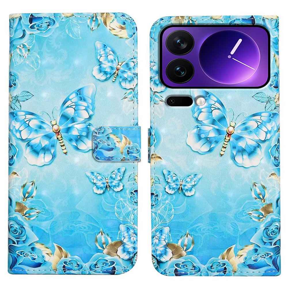 Phone Case For Xiaomi 17 Pro 3D Creative Pattern PU Leather Stand Cover - Blue Butterfly