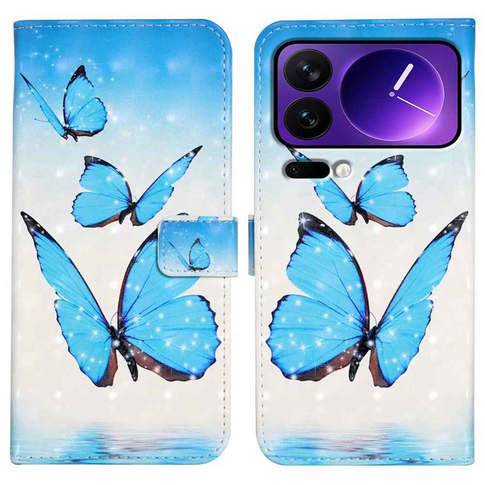 Phone Case For Xiaomi 17 Pro 3D Creative Pattern PU Leather Stand Cover - Three Butterflies