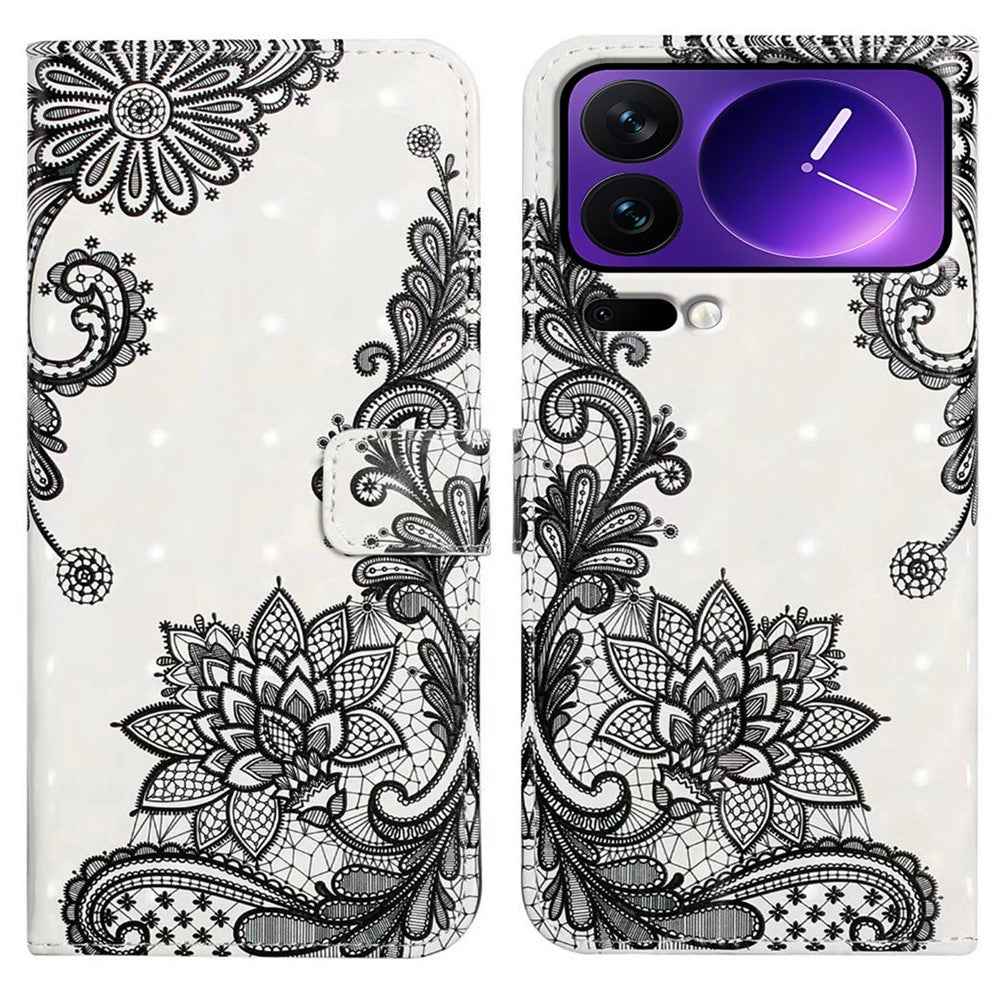Phone Case For Xiaomi 17 Pro 3D Creative Pattern PU Leather Stand Cover - Lace Flower