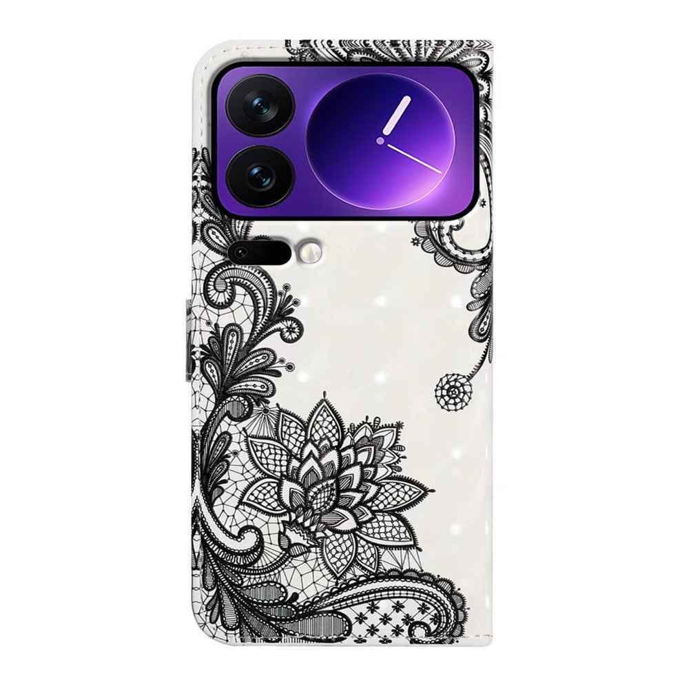 Phone Case For Xiaomi 17 Pro 3D Creative Pattern PU Leather Stand Cover - Lace Flower