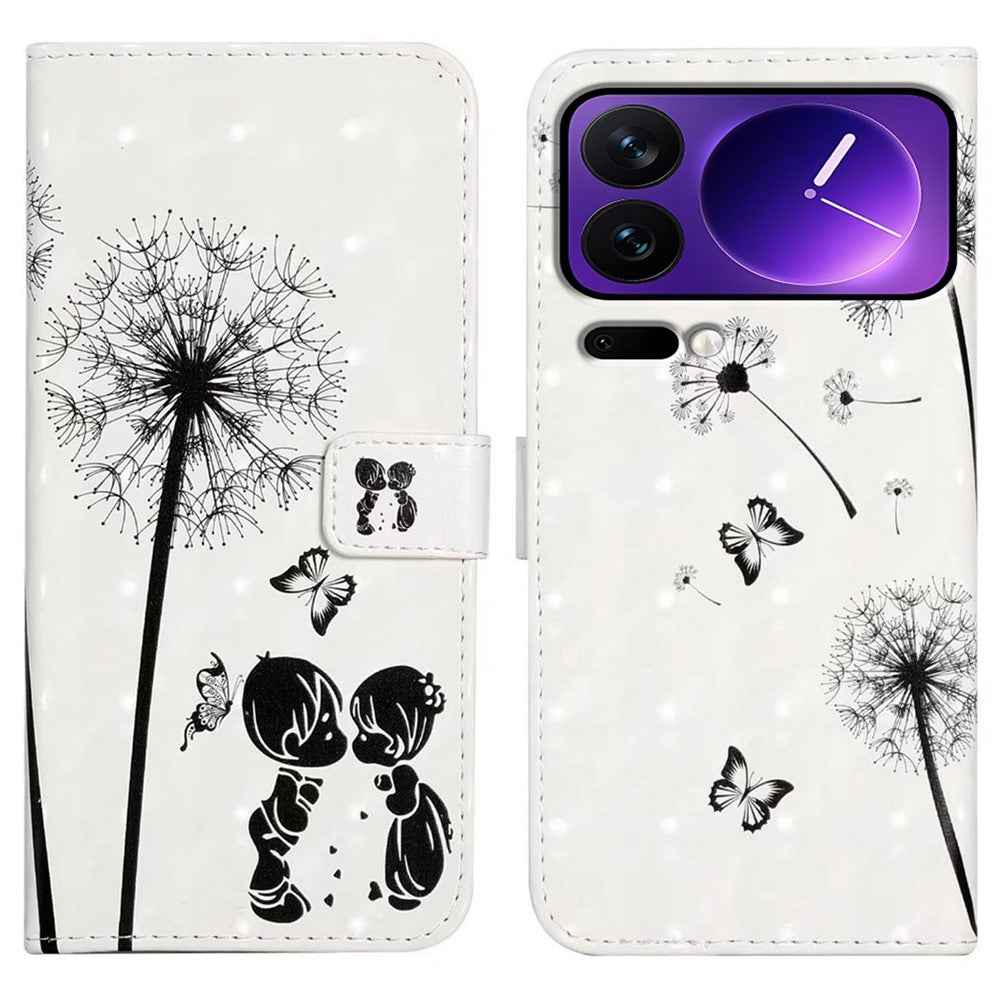 Phone Case For Xiaomi 17 Pro 3D Creative Pattern PU Leather Stand Cover - Kids and Dandelion