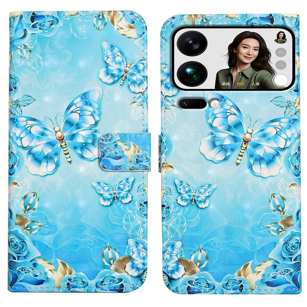 Phone Case For Xiaomi 17 Pro Max 3D Creative Pattern PU Leather Stand Cover - Blue Butterfly