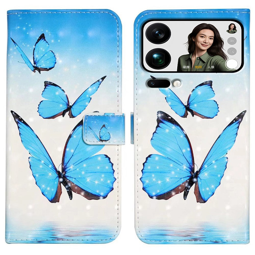 Phone Case For Xiaomi 17 Pro Max 3D Creative Pattern PU Leather Stand Cover - Three Butterflies