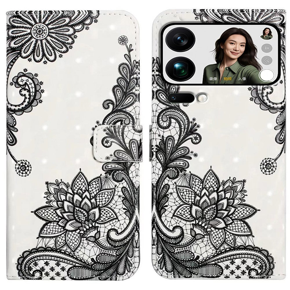 Phone Case For Xiaomi 17 Pro Max 3D Creative Pattern PU Leather Stand Cover - Lace Flower