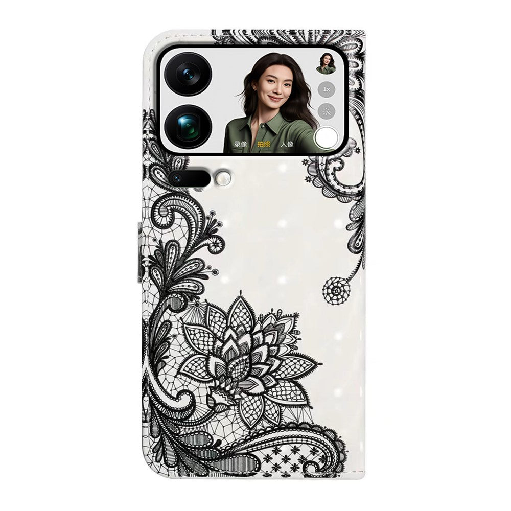 Phone Case For Xiaomi 17 Pro Max 3D Creative Pattern PU Leather Stand Cover - Lace Flower