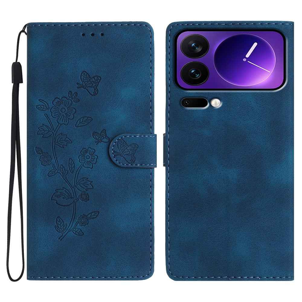 Leather Case For Xiaomi 17 Pro Imprinted Flower Phone Cover with Wrist Strap - Blue