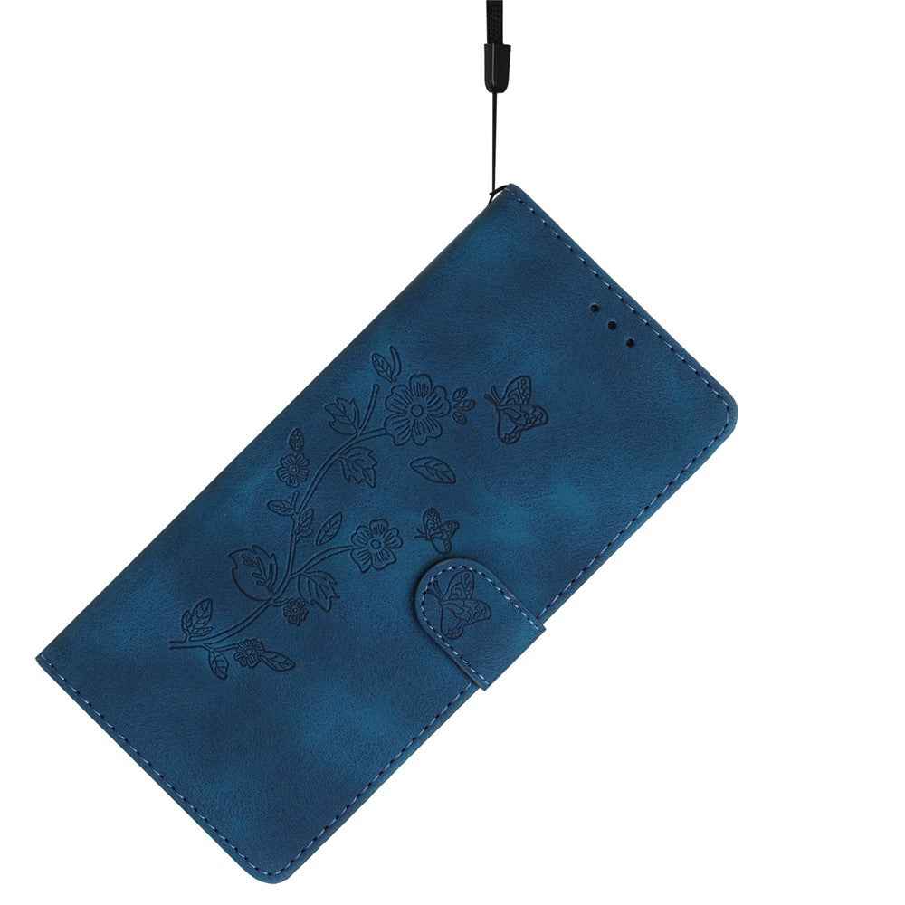 Leather Case For Xiaomi 17 Pro Imprinted Flower Phone Cover with Wrist Strap - Blue