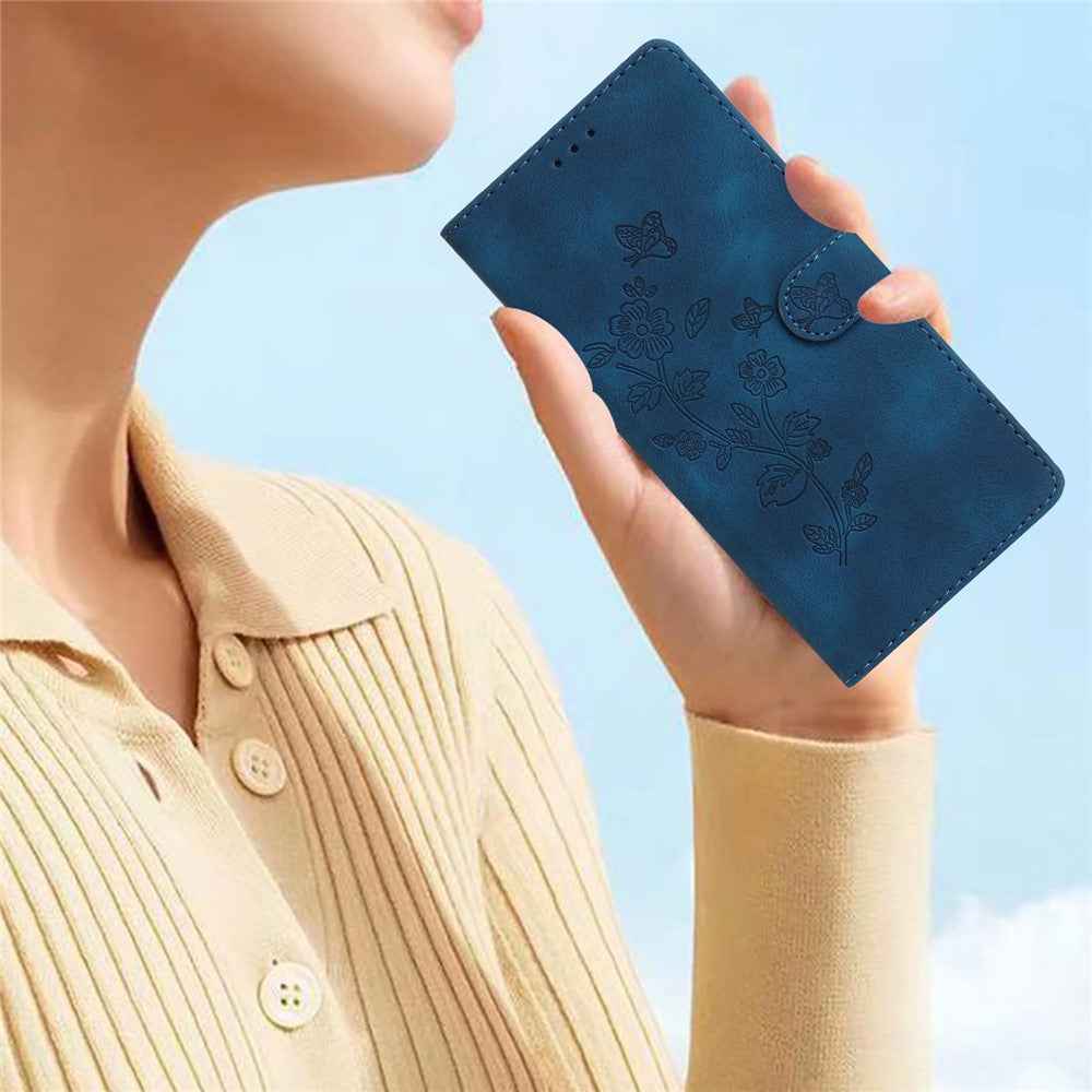 Leather Case For Xiaomi 17 Pro Imprinted Flower Phone Cover with Wrist Strap - Blue