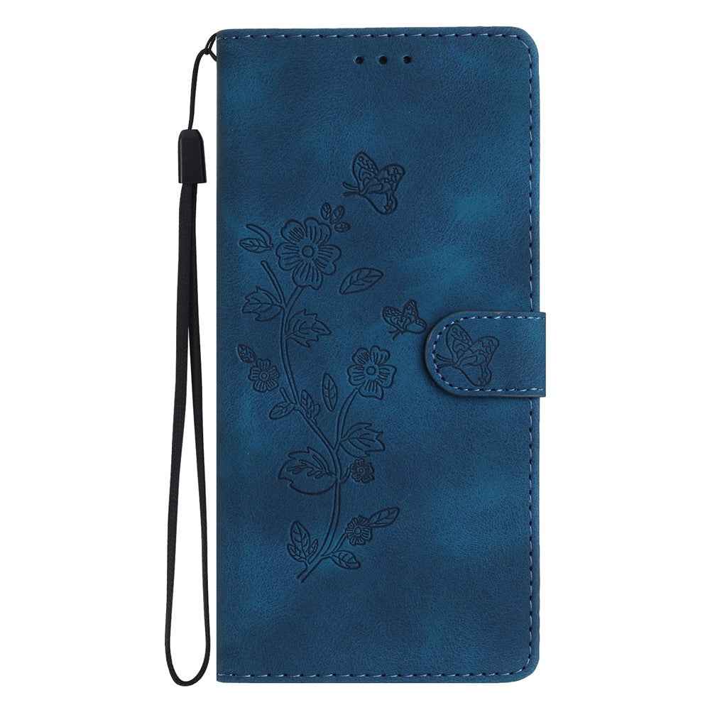 Leather Case For Xiaomi 17 Pro Imprinted Flower Phone Cover with Wrist Strap - Blue