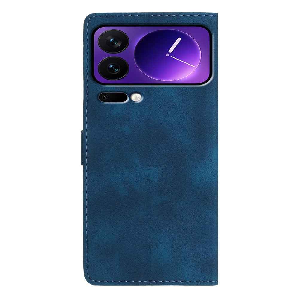Leather Case For Xiaomi 17 Pro Imprinted Flower Phone Cover with Wrist Strap - Blue