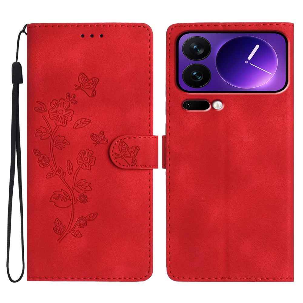 Leather Case For Xiaomi 17 Pro Imprinted Flower Phone Cover with Wrist Strap - Red