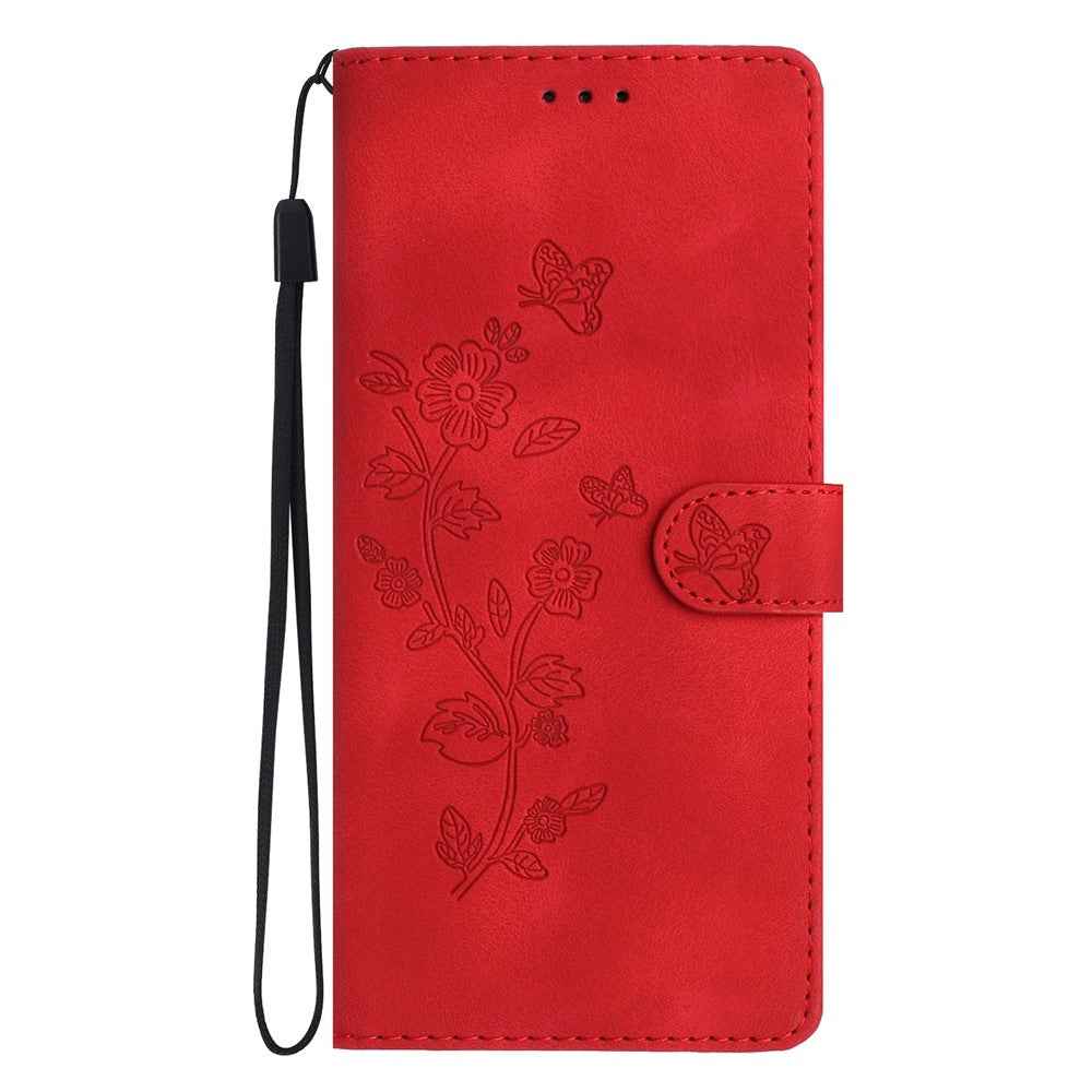 Leather Case For Xiaomi 17 Pro Imprinted Flower Phone Cover with Wrist Strap - Red