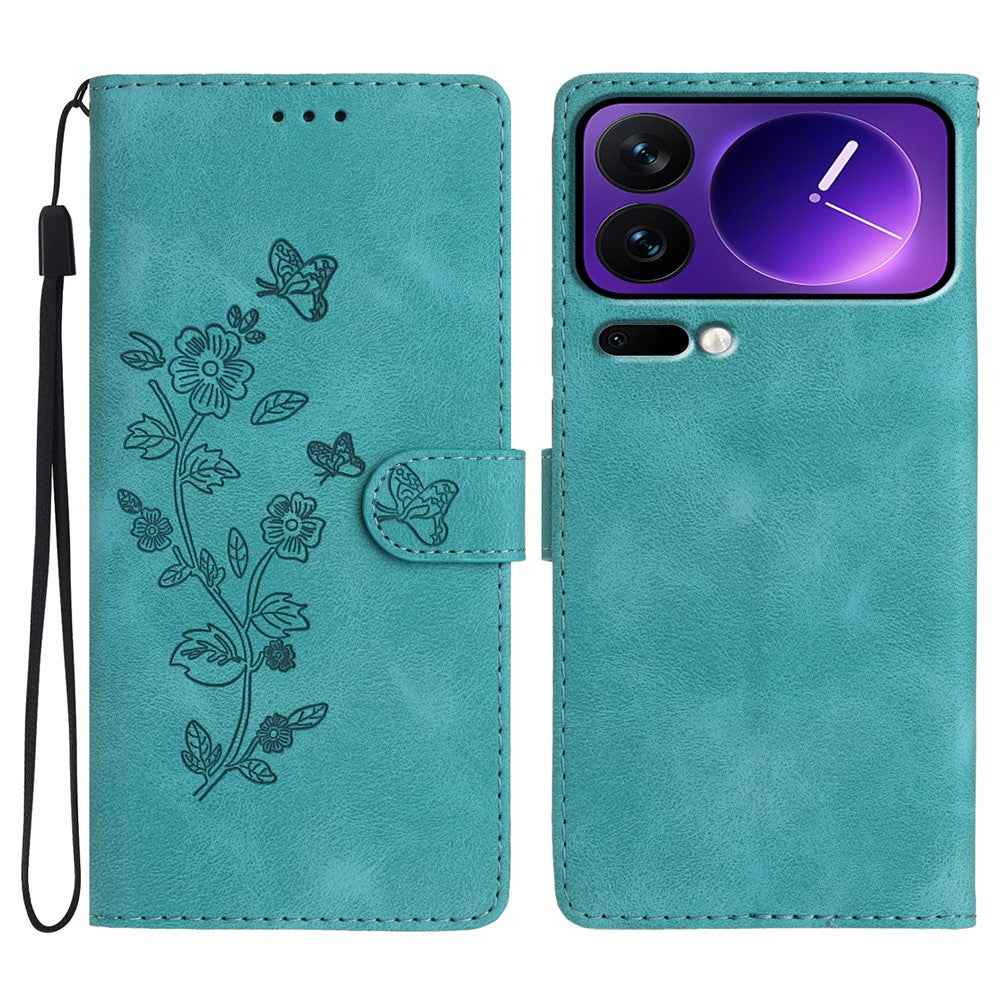 Leather Case For Xiaomi 17 Pro Imprinted Flower Phone Cover with Wrist Strap - Green