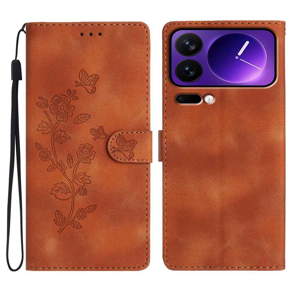 Leather Case For Xiaomi 17 Pro Imprinted Flower Phone Cover with Wrist Strap - Brown