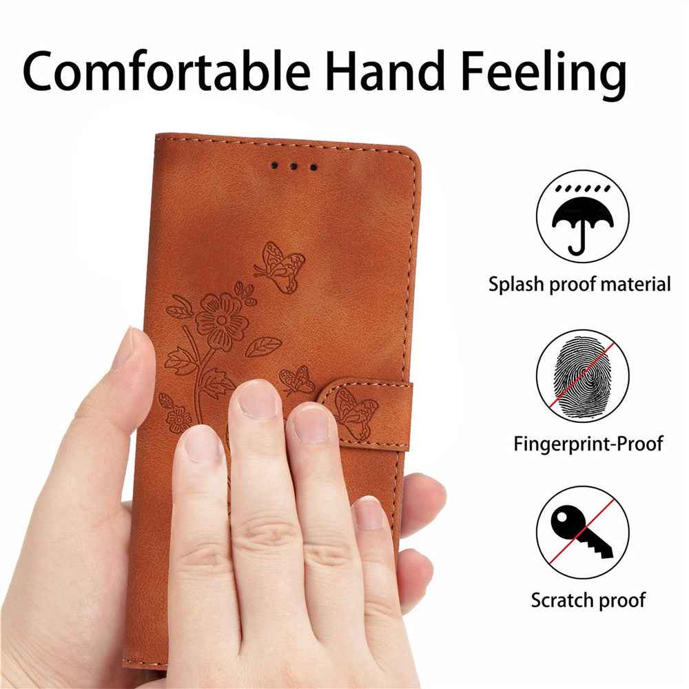 Leather Case For Xiaomi 17 Pro Imprinted Flower Phone Cover with Wrist Strap - Brown
