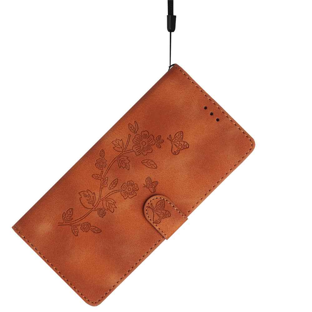 Leather Case For Xiaomi 17 Pro Imprinted Flower Phone Cover with Wrist Strap - Brown