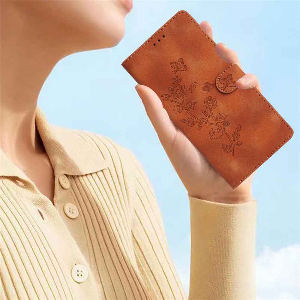 Leather Case For Xiaomi 17 Pro Imprinted Flower Phone Cover with Wrist Strap - Brown